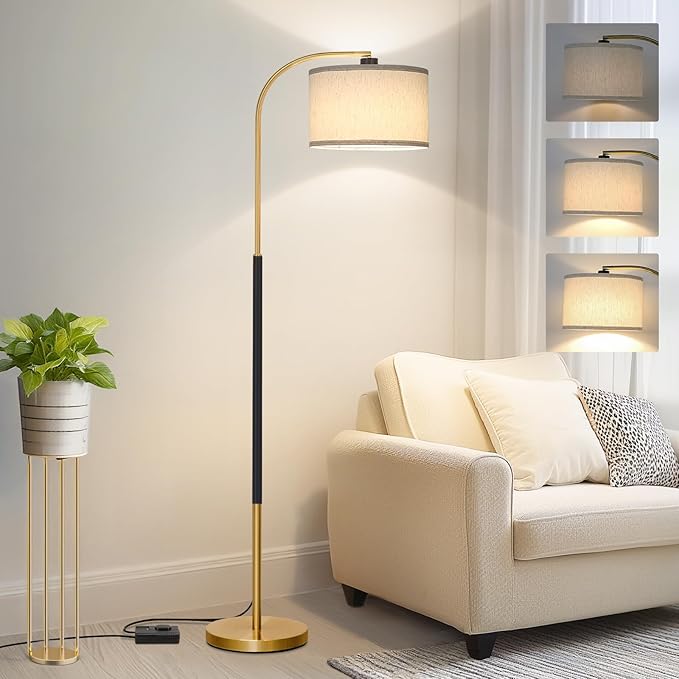 Dimmable Floor Lamp for Living Room, Arc Floor Lamps with Adjustable Drum Shade Pedal Switch, Black and Gold Tall Standing Lamp with 9W LED Bulb, Modern Reading Light Pole Lamp for Bedroom, Office - LeafyLoom