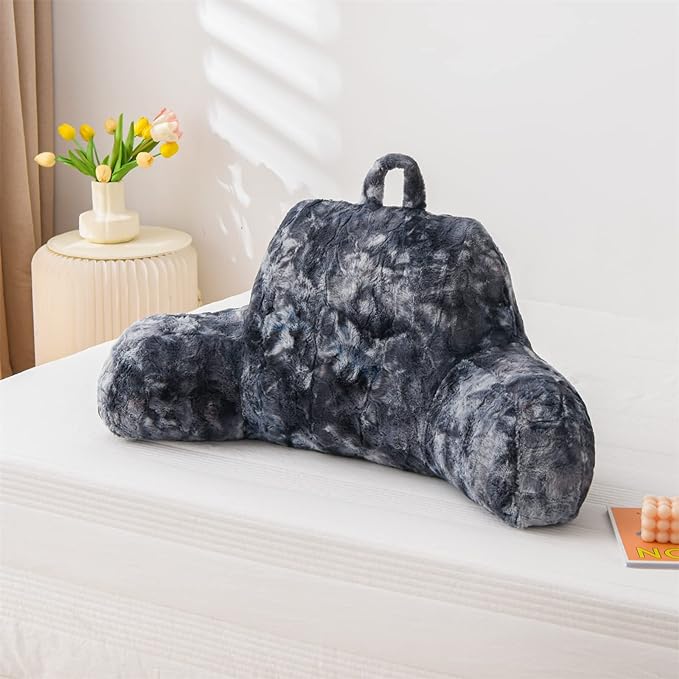 A Nice Night Faux Fur Soft Reading Pillow Bed Wedge Adult Backrest with Arms Back Support for Sitting Up in Bed/Couch for Bedrest,Tie Dyed Gray,Large - LeafyLoom