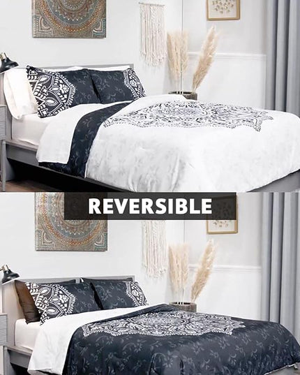 Comfort Spaces Bed in A Bag - Trendy Casual Design Cozy Comforter with Complete Sheet Set with Side Pocket, All Season Cover, Matching Shams, Queen(90"x90"), Ava Medallion Black 9 Piece - LeafyLoom