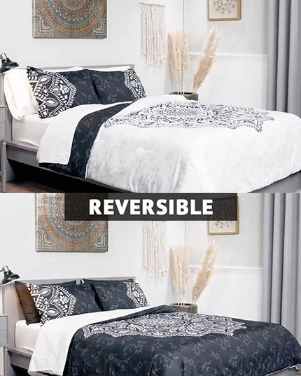 Comfort Spaces Bed in A Bag - Trendy Casual Design Cozy Comforter with Complete Sheet Set with Side Pocket, All Season Cover, Matching Shams, King(104"x90"), Ava Medallion Black 9 Piece - LeafyLoom