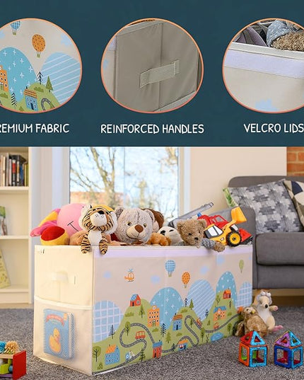 Extra Large Toy Storage Organizer with Lid - Sturdy, Collapsible Toy Chest Storage Box with Cute Design - Toys Bin with Dividers for Kids, Boys, Girls, Nursery, Bedroom, Play room 37"x16"x14" - LeafyLoom