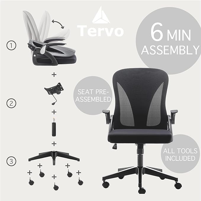 Tervo Model S | Folding Office Chair for Small Spaces | Gaming Chair for Adults & Kids | Ergonomic Mesh Computer Chair for Bedroom | Desk Chair for Home Work | (Triple Black) - LeafyLoom