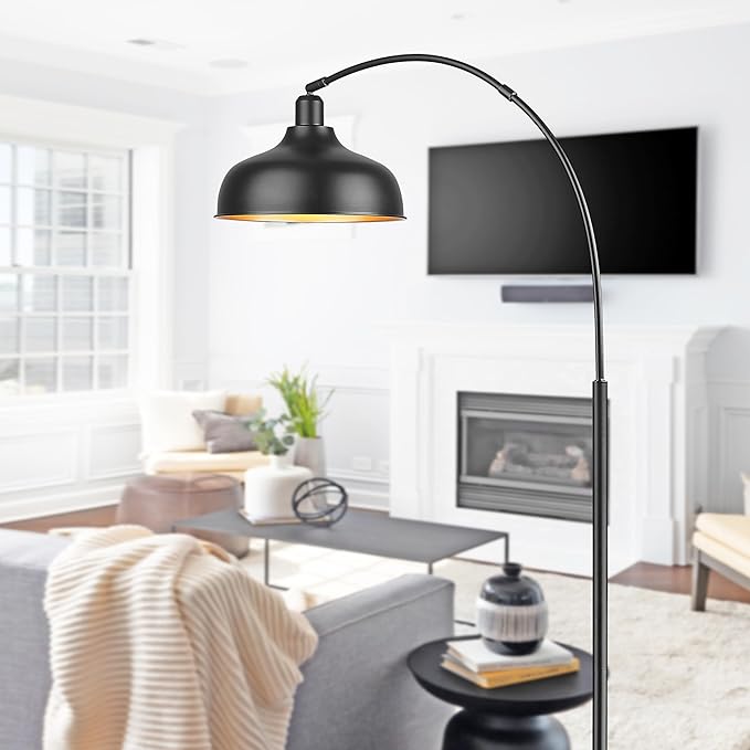 Arc Floor Lamps for Living Room, Modern Farmhouse Floor Lamp with Remote Control, Floor Lamp with 360° Adjustable Hanging Dome Shade, Dimmable Tall Lamp with 9W LED Bulb (Black, 1 PACK) - LeafyLoom