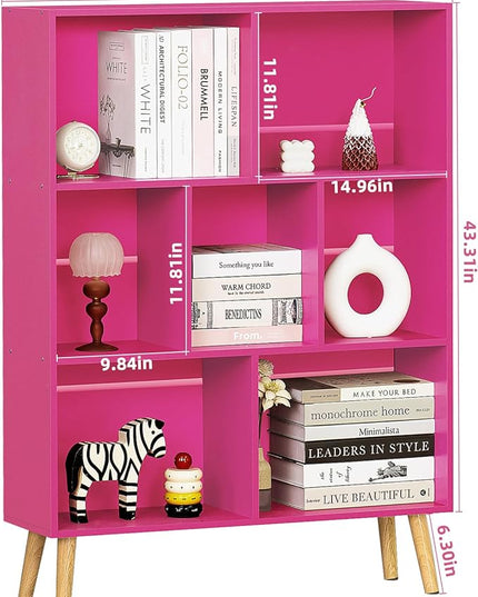 LEYAOYAO 7 Cube Bookshelf,3 Tier Book Shelf with Legs,Pink Modern Bookshelf,Large Freestanding Open Toy Modern Bookshelves,Display Bookcases Decor Furniture for Nursery - LeafyLoom