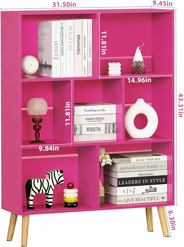 LEYAOYAO 7 Cube Bookshelf,3 Tier Book Shelf with Legs,Pink Modern Bookshelf,Large Freestanding Open Toy Modern Bookshelves,Display Bookcases Decor Furniture for Nursery - LeafyLoom