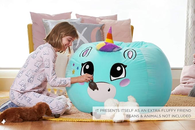 Aubliss Stuffed Animal Storage, Velvet Bean Bag Chairs Cover, Large 32" Ultra Soft Kids Toy Storage Organizer for Blankets Towels Clothes, Cyan Big Eyes - LeafyLoom