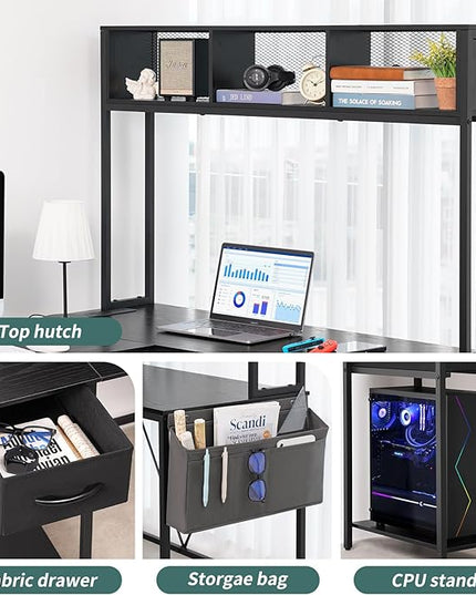 Yoobure L Shaped Desk Gaming Desk with LED Strip & Power Outlet, Reversible L-Shaped Computer Desk with Storage Shelf & Drawer, Corner Desk with Storage Bag, 2 Person Home Office Desk, Black - LeafyLoom