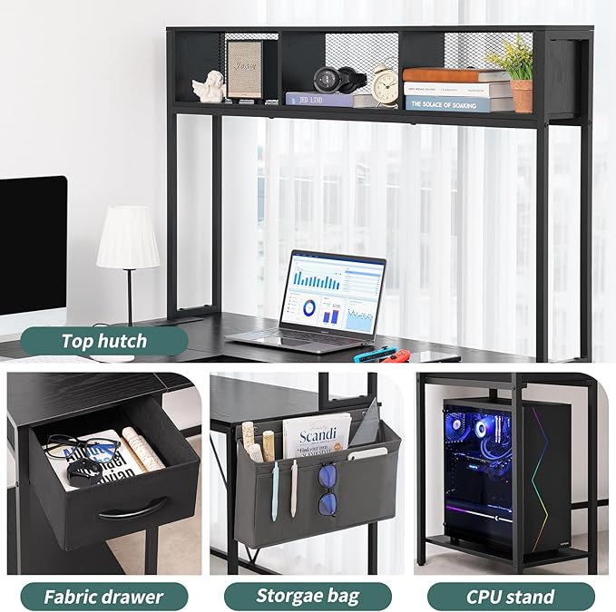 Yoobure L Shaped Desk Gaming Desk with LED Strip & Power Outlet, Reversible L-Shaped Computer Desk with Storage Shelf & Drawer, Corner Desk with Storage Bag, 2 Person Home Office Desk, Black - LeafyLoom
