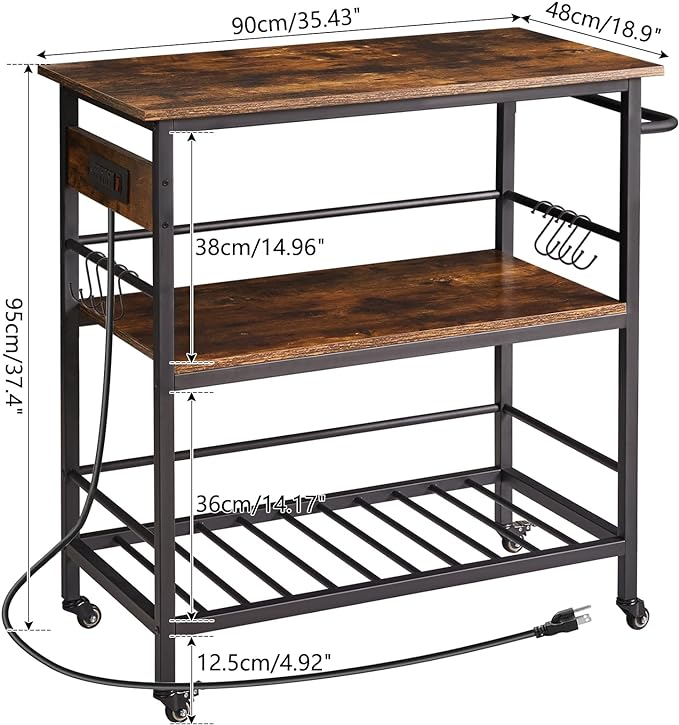 IBUYKE Kitchen Island with 3 Shelves, Island Table for Kitchen with Power Outlet,Kitchen Cart with Large Worktop,Rolling Bar Cart for Home, Outdoor, Kitchen, Living Room TMJ024H - LeafyLoom
