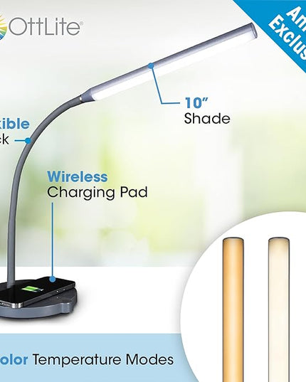 OttLite Stretch LED Desk Lamp with Wireless Charging - ClearSun LED Technology, 3 Color Temperature Modes with Touch Sensitive Controls & Flexible Gooseneck Arm for Home, Office & Dorms - LeafyLoom