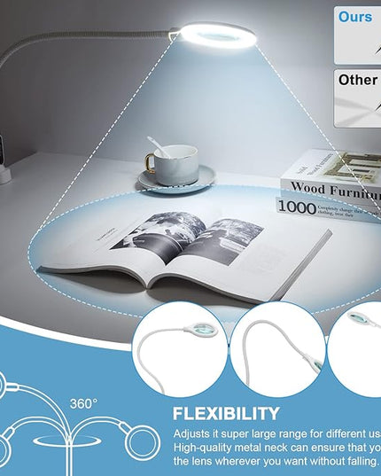 26" Gooseneck Magnifying Lamp with Clamp, 5 Color Modes Stepless Dimmable LED Desk Light with Magnifying Glass, 10X Real Glass Lighted Magnifier Hands Free for Painting Close Work Craft Hobby - LeafyLoom