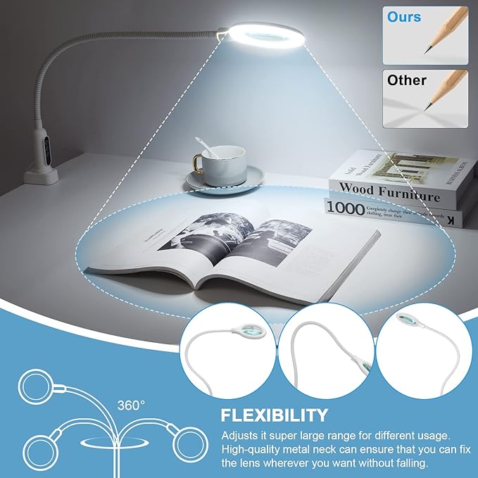26" Gooseneck Magnifying Lamp with Clamp, 5 Color Modes Stepless Dimmable LED Desk Light with Magnifying Glass, 10X Real Glass Lighted Magnifier Hands Free for Painting Close Work Craft Hobby - LeafyLoom