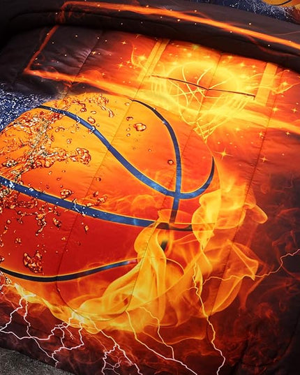 Btargot Twin Basketball and Fire Quilt Set Bedding Sets, 3D Sports Themed Bedding, All-Season Reversible Quilted Duvet, for Children Boy Girl Teen Kids - includes 1 Comforter, 2 Pillow Sham - LeafyLoom