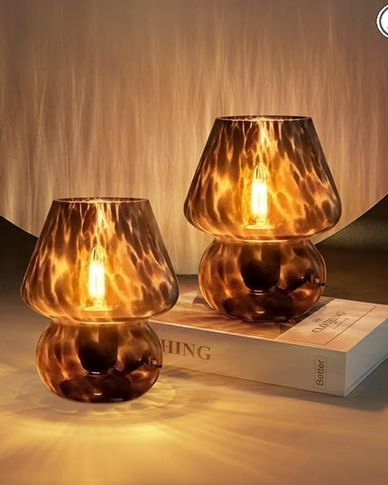Mushroom Lamp Small Vintage Table Lamp for Bedroom Set of 2, Nightstand Bedside Lamp Translucent Glass Dimmable, Murano Aesthetic Home Decor for Living Room Kitchen Dorm Gift(Black) - LeafyLoom