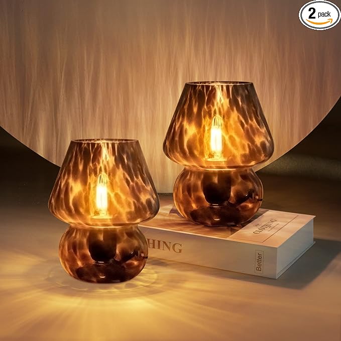 Mushroom Lamp Small Vintage Table Lamp for Bedroom Set of 2, Nightstand Bedside Lamp Translucent Glass Dimmable, Murano Aesthetic Home Decor for Living Room Kitchen Dorm Gift(Black) - LeafyLoom