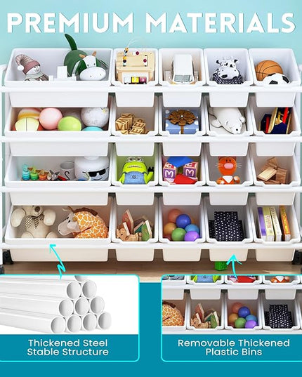 Kids Toy Storage Organizer with 20 Plastic Bins, 4-Tier Metal Toy Storage Rack, Extra Large Toy Organizer and Storage Bins for Kids Room, Playroom and Nursery, White - LeafyLoom