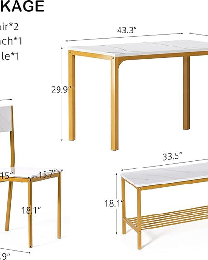 SogesHome Home Kitchen Table Set for 4, Compact Dining Table Chair Set, 4 Pieces Table Chair Bench Set for Small Place, Apartment, Golden - LeafyLoom