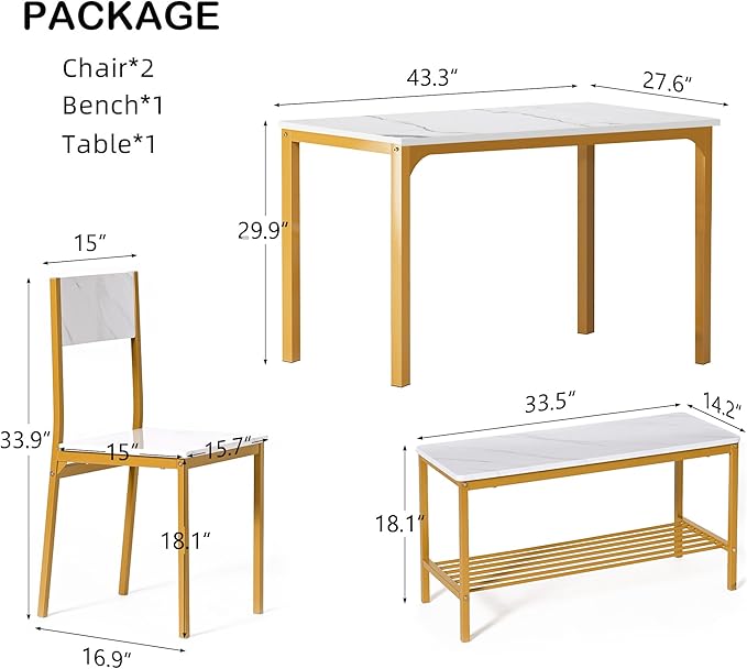 SogesHome Home Kitchen Table Set for 4, Compact Dining Table Chair Set, 4 Pieces Table Chair Bench Set for Small Place, Apartment, Golden - LeafyLoom
