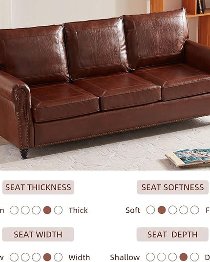 Dreamsir 79'' Traditional Faux Leather Sofa Couch with Nailhead Trim, Classic 3-Seater Sofa with Rolled Arms for Living Room, Bedroom, Apartment, Easy to Install (Retro Brown) - LeafyLoom