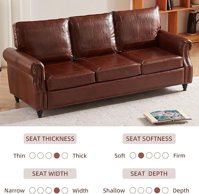 Dreamsir 79'' Traditional Faux Leather Sofa Couch with Nailhead Trim, Classic 3-Seater Sofa with Rolled Arms for Living Room, Bedroom, Apartment, Easy to Install (Retro Brown) - LeafyLoom