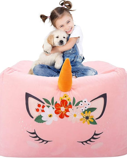 Aubliss Unicorn Stuffed Animal Storage Bean Bag Chair for Kids, Velvet Extra Soft Beanbag Chairs Cover, X-Large Stuffable Zipper Bean Bag for Organizing Plush Toys Girls Bedroom Decor, Pink Floral - LeafyLoom