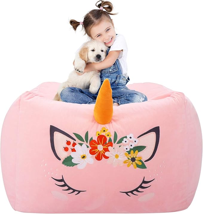 Aubliss Unicorn Stuffed Animal Storage Bean Bag Chair for Kids, Velvet Extra Soft Beanbag Chairs Cover, X-Large Stuffable Zipper Bean Bag for Organizing Plush Toys Girls Bedroom Decor, Pink Floral - LeafyLoom