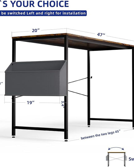 Pamray 47 Inch Computer Desk for Small Spaces with Storage Bag, Home Office Work Desk with Headphone Hook, Small Office Desk Study Writing Table - LeafyLoom
