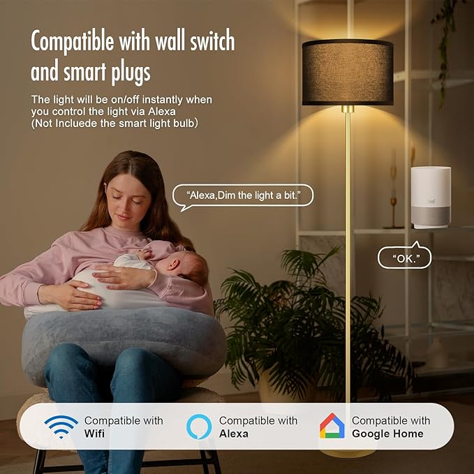 Gold Floor Lamps for Living Room Bedroom, Bright Modern Standing Lamp with 3 Color Temperatures(9W Bulb), Black Lamp Shade, 59" Tall, Footswitch, Simple Reading Floor Lamps Corner Lamp for Office/Den - LeafyLoom