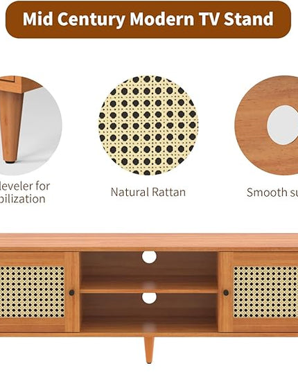 EasyCom TV Stand for 65 inch TV, Farmhouse Rattan Entertainment Center with Storage and Open Shelves, Mid Century Modern Entertainment Center with Natural Rattan Door - LeafyLoom