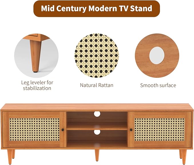 EasyCom TV Stand for 65 inch TV, Farmhouse Rattan Entertainment Center with Storage and Open Shelves, Mid Century Modern Entertainment Center with Natural Rattan Door - LeafyLoom