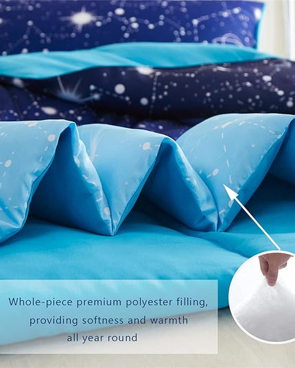 KAKKI Blue Ombre Glitter Galaxy Comforter Set Queen for Boys Girls, Sparkle Constellation Starry Sky Comforter for Kids Teen, 3pc Soft Bedding with 2 Pillow Cases for All Season - LeafyLoom