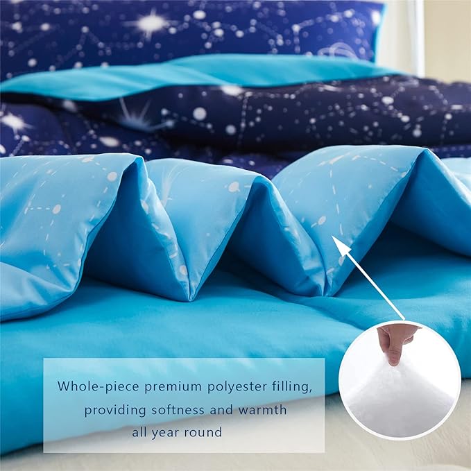 KAKKI Blue Ombre Glitter Galaxy Comforter Set Queen for Boys Girls, Sparkle Constellation Starry Sky Comforter for Kids Teen, 3pc Soft Bedding with 2 Pillow Cases for All Season - LeafyLoom