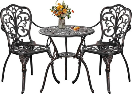 3 Piece Patio Furniture Dining Set Aluminum Patio Bistro Set Outdoor Furniture with Umbrella Hole for Yard, Balcony, Bronze - LeafyLoom