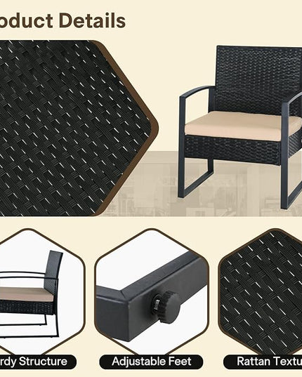 3 Pieces Patio Furniture Set, Outdoor Patio Set, Patio Bistro Set, All-Weather Wicker Conversation Set with Cushions Table for Porch Backyard (Black-Brown) - LeafyLoom