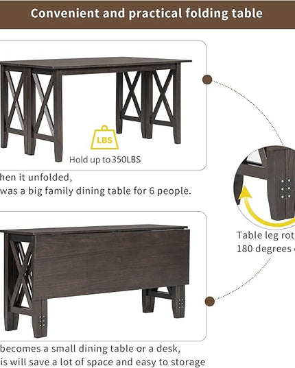 Dining Table Set for 6, 6-Piece Foldable Dining Room Set, Solid Wood Foldable Table and 4 Chairs with Bench for Dining Room, Living Room, Espresso - LeafyLoom