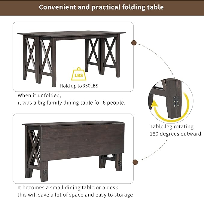 Dining Table Set for 6, 6-Piece Foldable Dining Room Set, Solid Wood Foldable Table and 4 Chairs with Bench for Dining Room, Living Room, Espresso - LeafyLoom