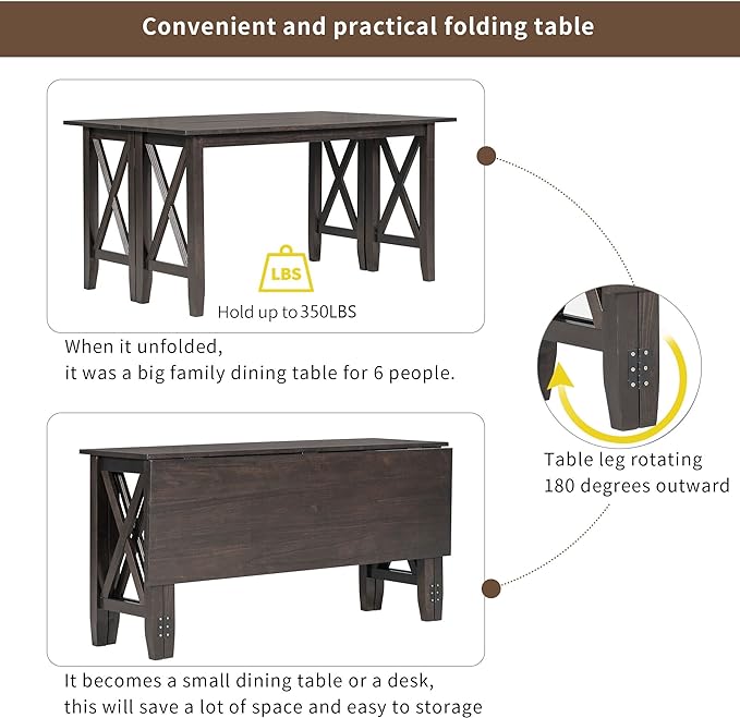 Comfortable Room 6-Piece Rustic Dining, Solid Wood Furniture Set with Foldable Table, 4 Padded Chairs, and 1 Bench, Ideal for Kitchen and Family Gatherings, Espresso - LeafyLoom