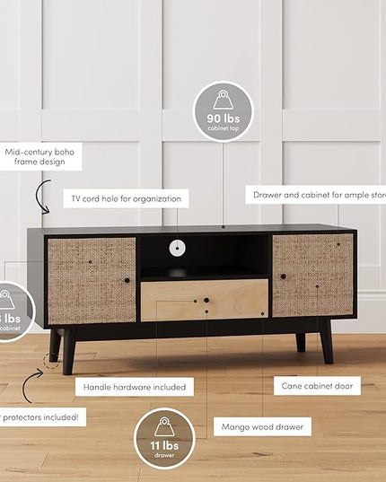 Nathan James Bonnie Modern TV Stand Entertainment Cabinet, Console with a Natural Wood Finish with Storage Doors for Living Media Room, with Drawer, Black Oak/Rattan - LeafyLoom