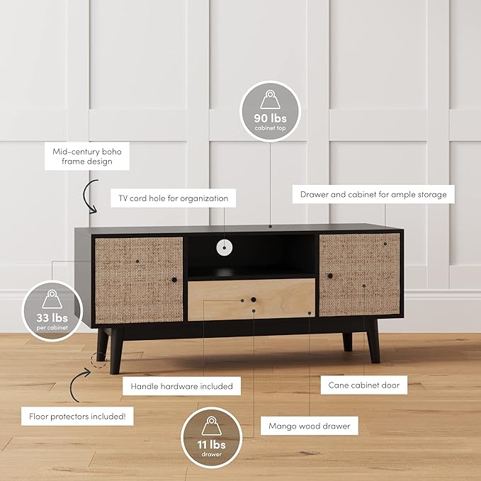 Nathan James Bonnie Modern TV Stand Entertainment Cabinet, Console with a Natural Wood Finish with Storage Doors for Living Media Room, with Drawer, Black Oak/Rattan - LeafyLoom