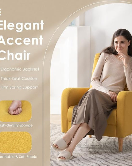 COLAMY Modern Upholstered Accent Chair Armchair with Pillow, Fabric Reading Living Room Side Chair,Single Sofa with Lounge Seat and Wood Legs, Yellow - LeafyLoom