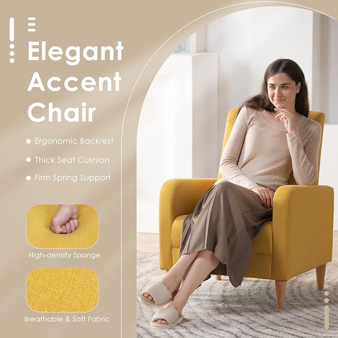 COLAMY Modern Upholstered Accent Chair Armchair with Pillow, Fabric Reading Living Room Side Chair,Single Sofa with Lounge Seat and Wood Legs, Yellow - LeafyLoom
