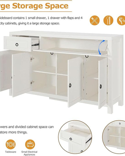 59.1" Retro Style Large Storage Space Sideboard with Flip Door and 1 Drawer,Multifunctional Buffet, w/ 4 Height-Adjustable Cabinets,for Dining, Living Room,Antique White - LeafyLoom