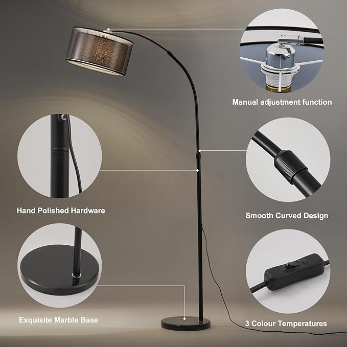 73" H Arc Floor Lamp with Remote Control, E26 40Watts LED Bulb, Stepless Color Temperature & Brightness Control, 30/60Mins Timer Function, Adjustable Height & Width for Living Room(Black) - LeafyLoom