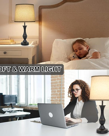 Touch Lamps for Bedrooms Set of 2, Farmhouse Table Lamp with USB C Charging Port, 3 Way Dimmable Nightstand Lamps with Linen Fabric Lampshade for Bedroom, Living Room (Pack2-Black) - LeafyLoom