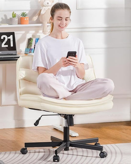 COMHOMA Criss Cross Chair with Wheels, Armless Wide Cross Legged Office Chair Mid Back, Modern Home Office Desk Chair Swivel Adjustable Vanity Computer Chair, Beige - LeafyLoom