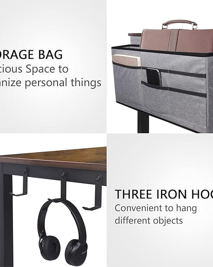 AHB 47" Rolling Computer Desk with 4 Smooth Wheels and 3 Iron Hooks, Simple Style Mobile Writing Desk Home Office Study Table Movable Workstation with Metal Frame - LeafyLoom