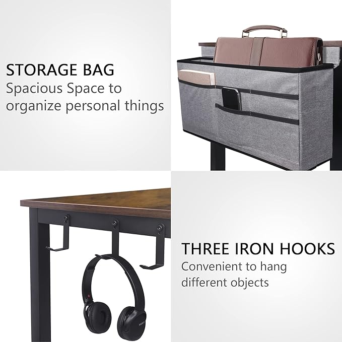 AHB 47" Rolling Computer Desk with 4 Smooth Wheels and 3 Iron Hooks, Simple Style Mobile Writing Desk Home Office Study Table Movable Workstation with Metal Frame - LeafyLoom