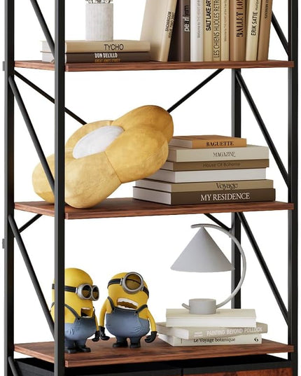 5 Tier Bookshelf Bookcase with 2 Drawer,Tall Book Shelf Display Standing Shelf Units,Wood Book Rack Shelves Storage Organizer for Bedroom Home Office Kitchen Living Room, 22.4 in(Rust Brown,2 Drawers) - LeafyLoom