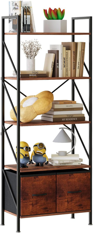 5 Tier Bookshelf Bookcase with 2 Drawer,Tall Book Shelf Display Standing Shelf Units,Wood Book Rack Shelves Storage Organizer for Bedroom Home Office Kitchen Living Room, 22.4 in(Rust Brown,2 Drawers) - LeafyLoom
