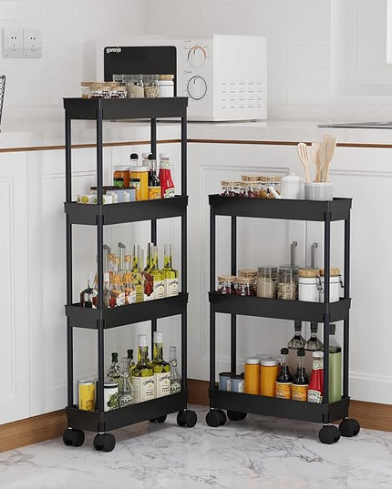 Sooyee 4 Tier Slim Storage Cart,Rolling Storage Cart,Narrow Shelf,Bathroom Rack,Mobile Shelving Unit Organizer for Kitchen, Bathroom, Laundry Room, Black - LeafyLoom